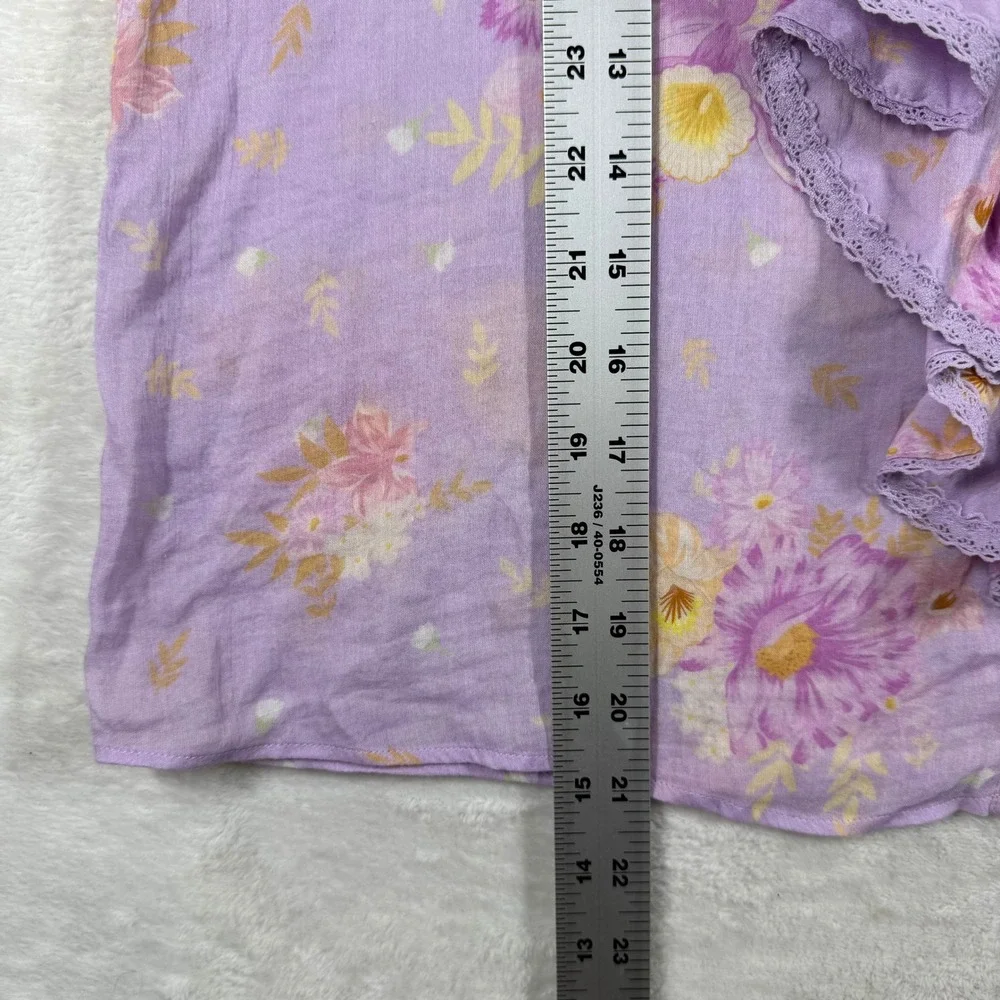 Spell Purple Floral Ruffle V-Neck Blouse Boho Puff Sleeve Top Medium 9562